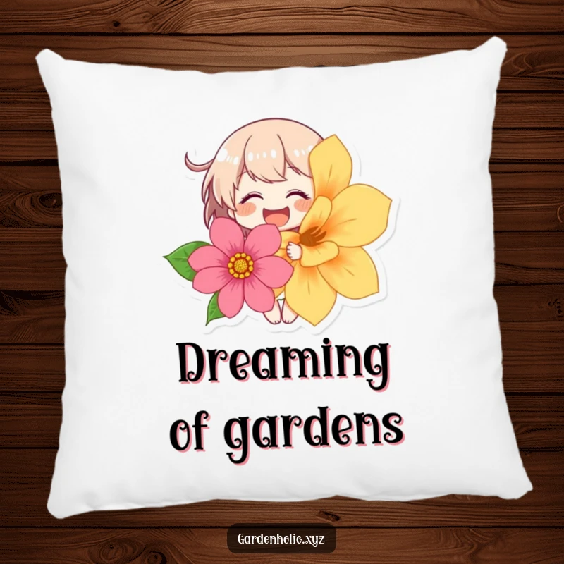 Funny decorative pillow featuring a character giggling profusely while holding a vibrant, oversized flower, perfect for comfort.