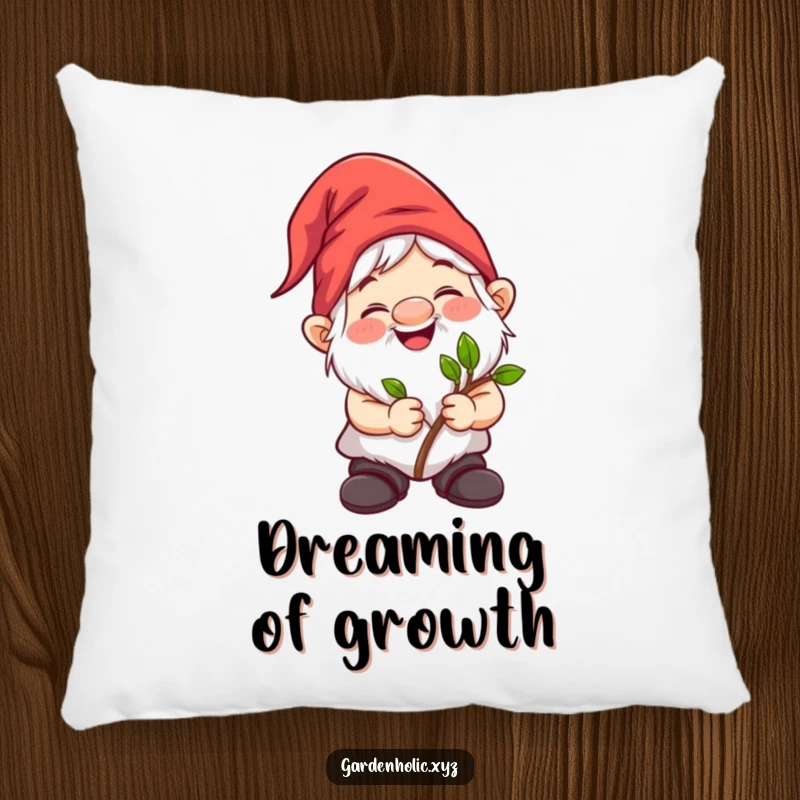 Funny gnome character holding a tiny sapling, ready to plant, on a plush pillow. Adorable gift.
