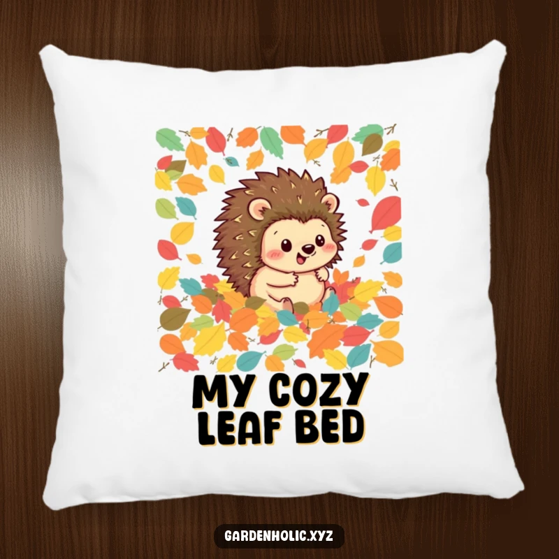 Funny hedgehog pillow featuring a happy hedgehog rolling through a pile of colorful autumn leaves, bringing cozy seasonal vibes.