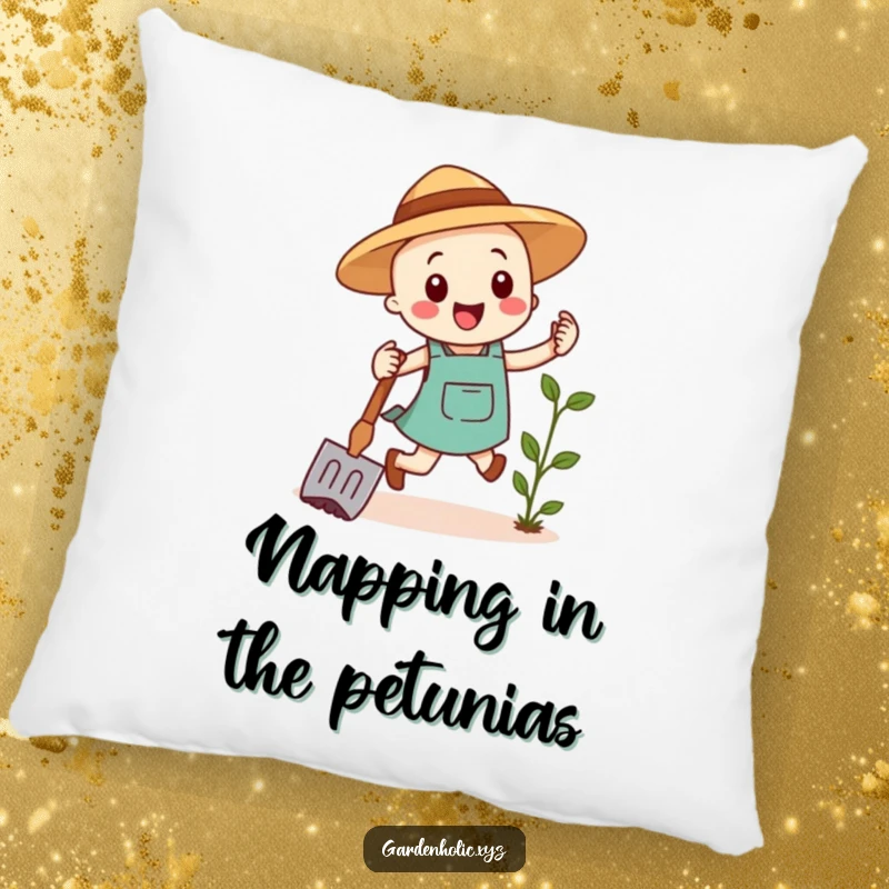 Funny pillow showcasing a happy gardening hoe in a cheerful hopping stance, adding a touch of quirky comfort and humor.