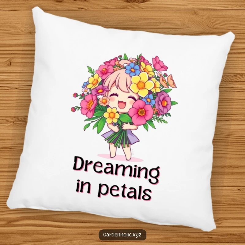 Funny pillow featuring a joyful character holding a giant colorful bouquet, adding comfort and cheer to any setting, a delightful funny gift.