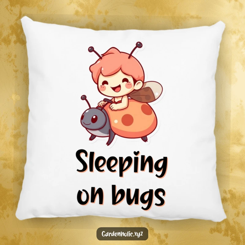 Funny pillow featuring a cheerful character riding a friendly ladybug, adding comfort and whimsy to any room, a delightful funny gift.