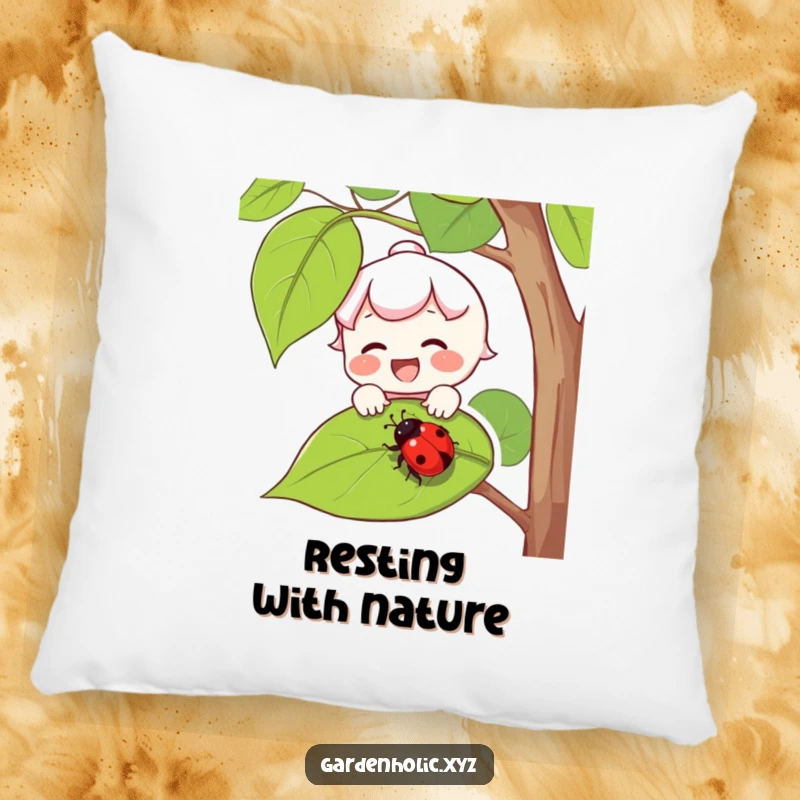 Funny pillow featuring a joyful character with rosy cheeks catching a falling ladybug on a leaf.