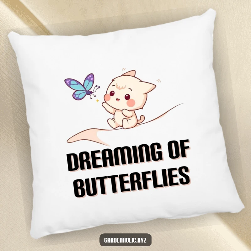 Funny pillow featuring a playful character gently reaching for a fluttering butterfly in a calm, natural setting.