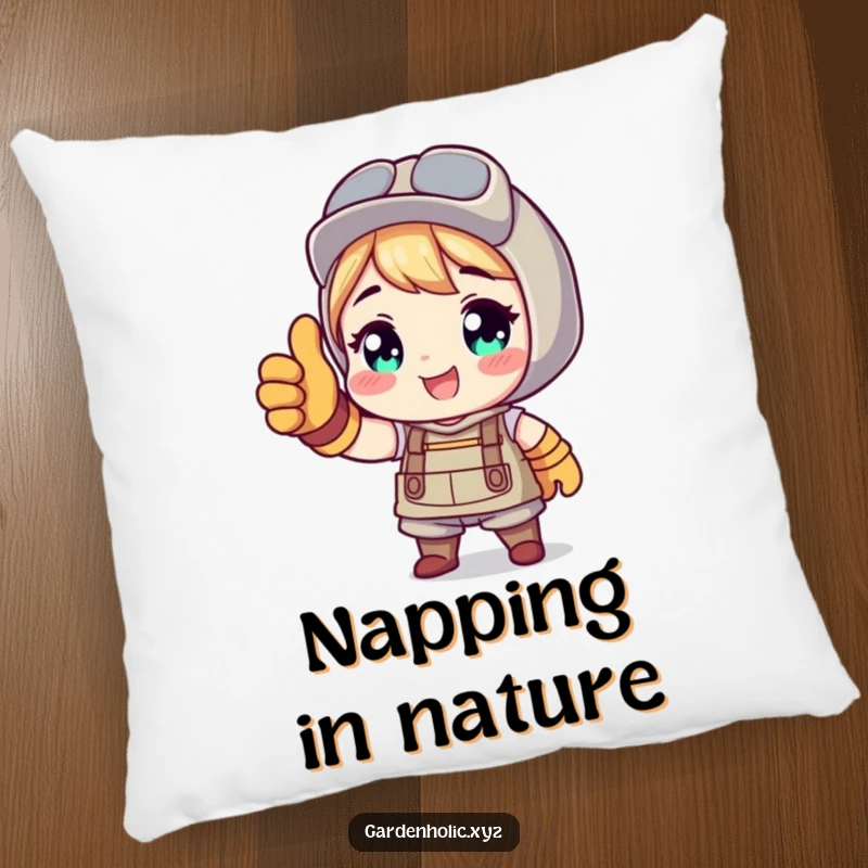 Funny pillow with a character in gardening gloves giving a thumbs up, offering comfort and a humorous gardening theme.