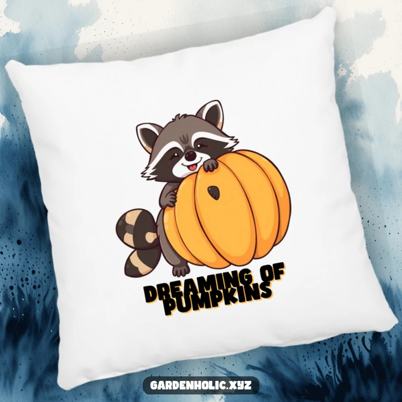 Funny raccoon pillow featuring a giggling raccoon trying to balance a huge pumpkin, bringing cozy autumn vibes and a touch of mischief.