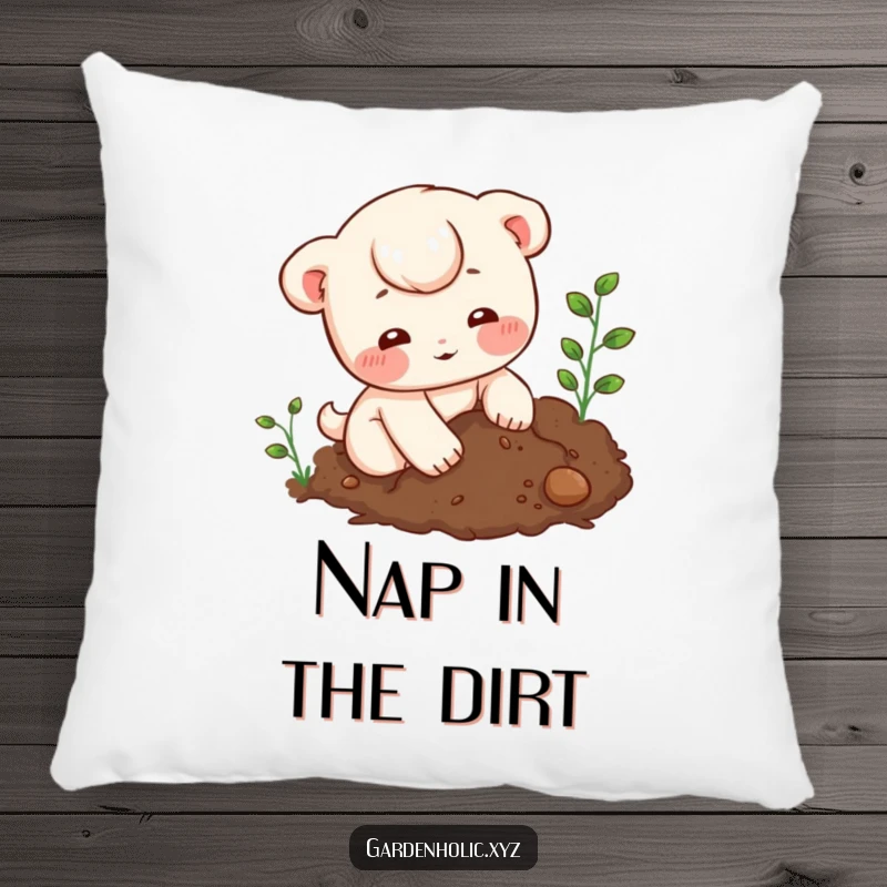 Funny Pillow: A soft cushion depicting a character with rosy cheeks digging in rich soil, adding cozy decor.