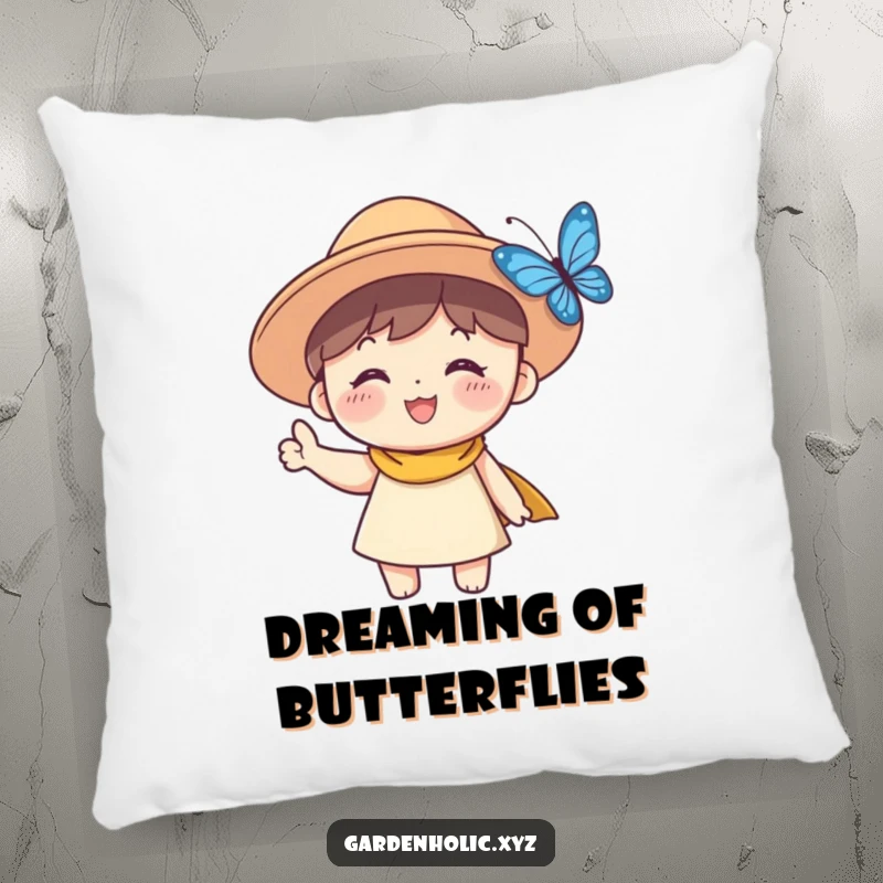 Funny Sun Hat Character Pillow: A comfortable pillow showcasing a smiling character in a sun hat waving hello to a butterfly.