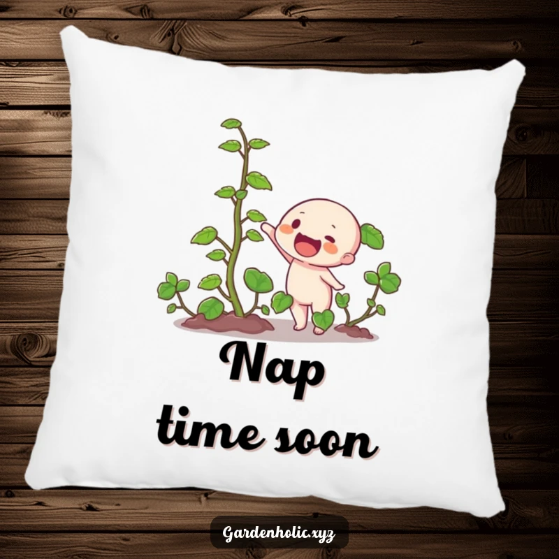 Funny pillow with a character joyfully observing a thick, fast-growing vine, bringing comfort and plant humor to any seating area.
