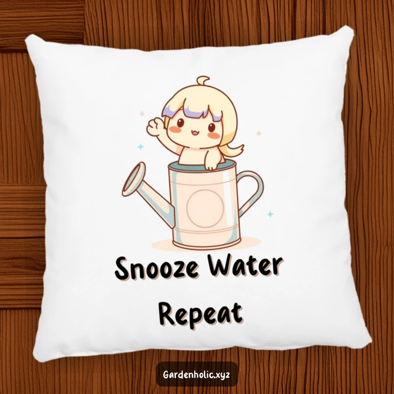 Funny pillow with a cute character waving from a watering can, providing humorous and cozy garden decor.