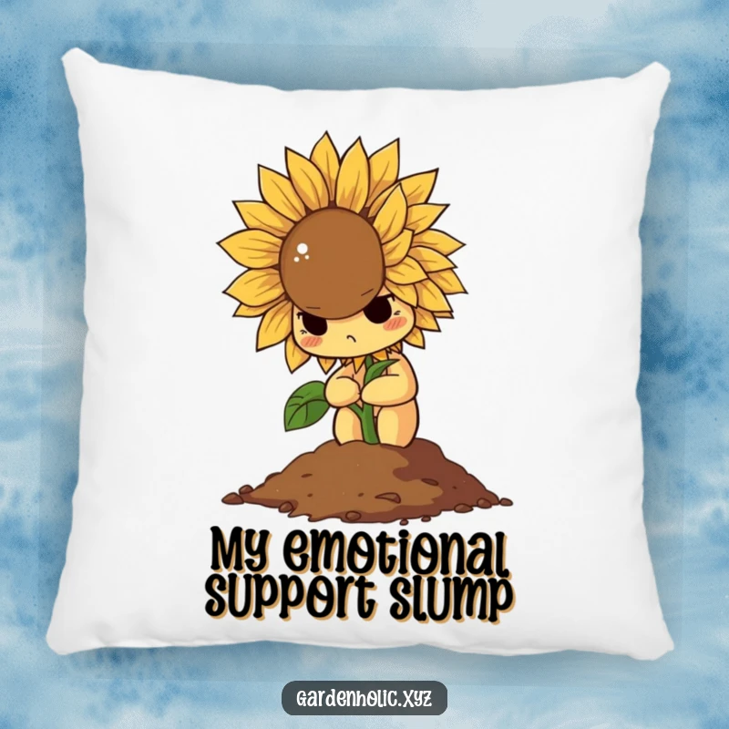 Funny pillow with a determined sunflower dramatically wilting into a pile of soil, providing humorous comfort and decor.