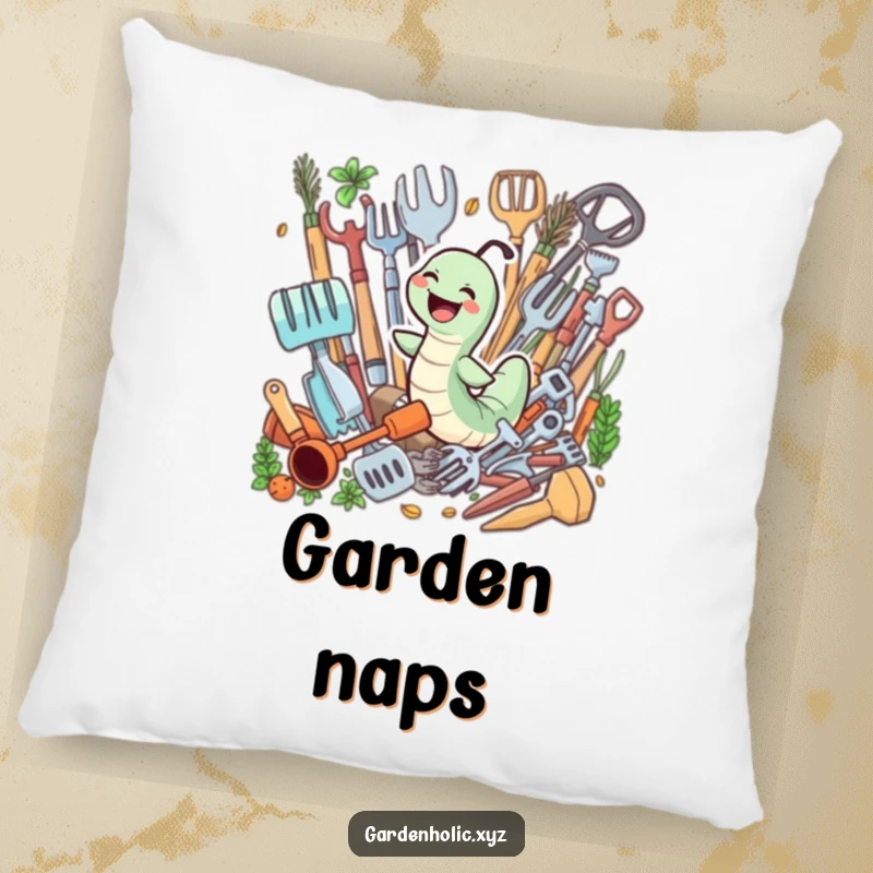 Funny pillow showing a giggling worm joyfully swimming through a pile of gardening tools, representing playful gardening.