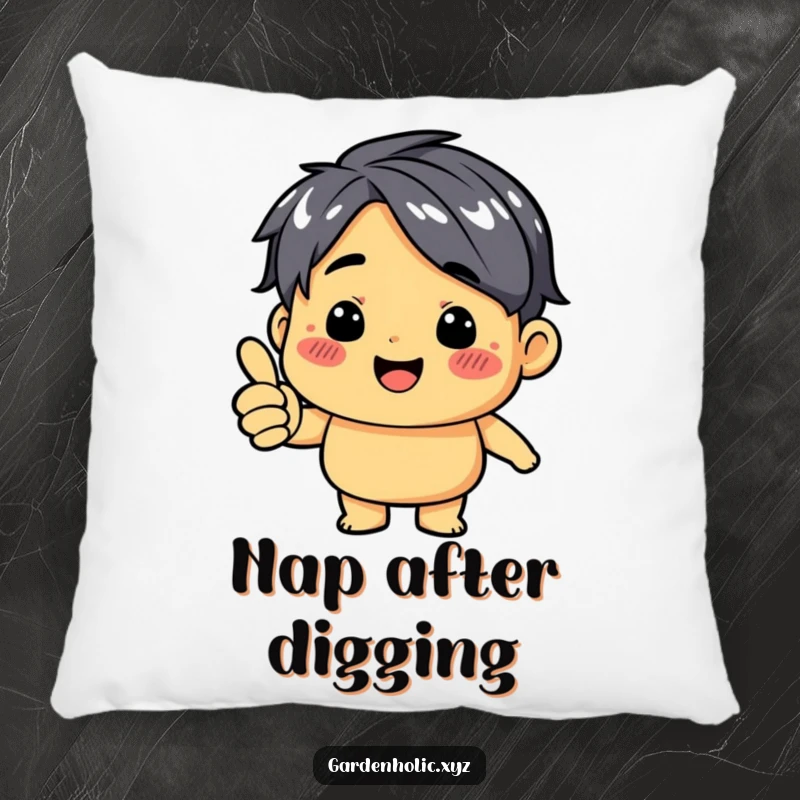Funny decorative pillow featuring a character with a dirt smudge, giving a positive thumbs up, ideal for comfort.