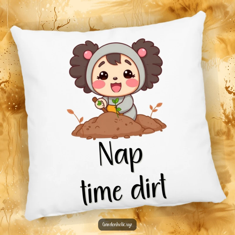 Funny pillow with a cheerful character digging happily in fertile soil, perfect for adding a comfortable and humorous garden touch.