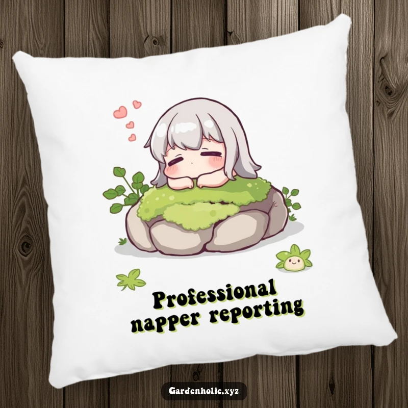 Funny pillow featuring a character sighing contentedly on a mossy stone, combining comfort with a humorous and peaceful vibe.