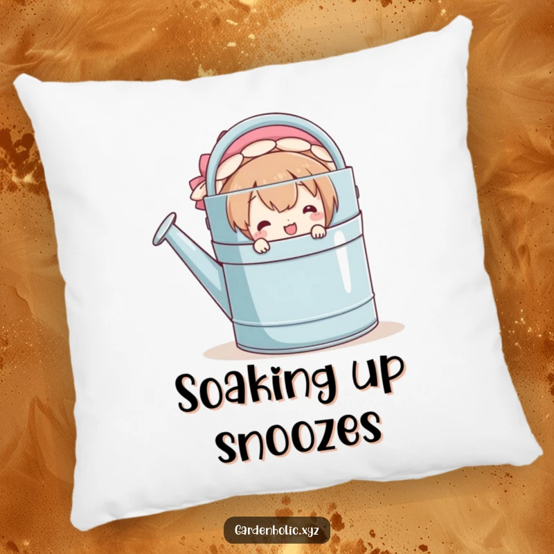 Funny pillow featuring a smiling character peeking from behind a large watering can, soft and inviting for a touch of whimsy.