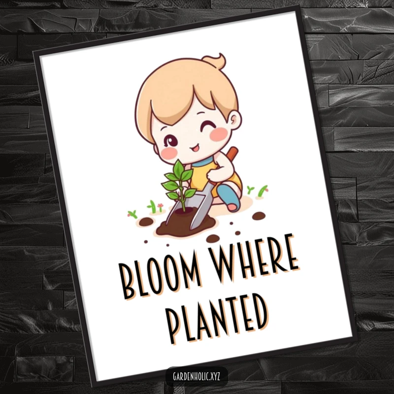 Funny cute character happily planting a tiny seedling with a trowel digital art print, offering instant gardening joy, a great funny gift.