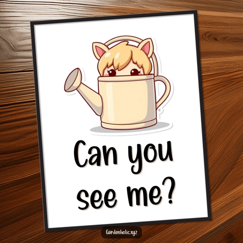 Funny digital art print of a mischievous character playfully hiding behind a giant watering can.