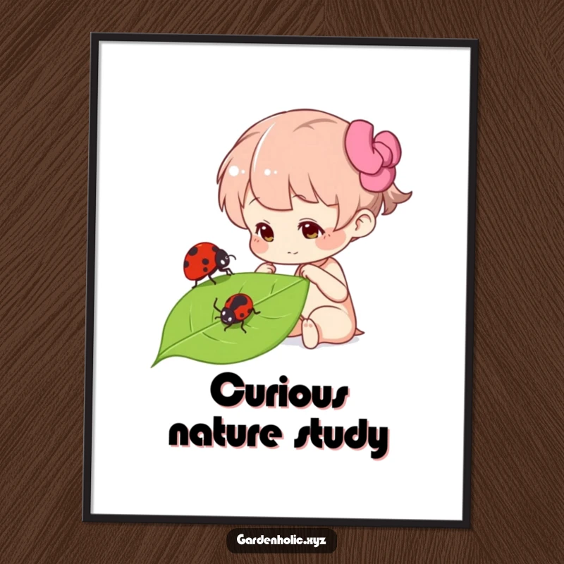 Funny curious character focused on a ladybug on a leaf, rendered as digital art, adding nature's charm and gentle humor to any room, a downloadable funny gift.