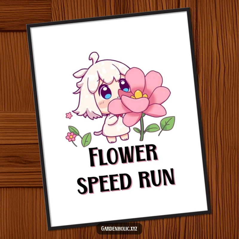 Funny digital art print of a surprised character watching a flower bloom rapidly, symbolizing wonder and unexpected beauty, a charming funny gift.