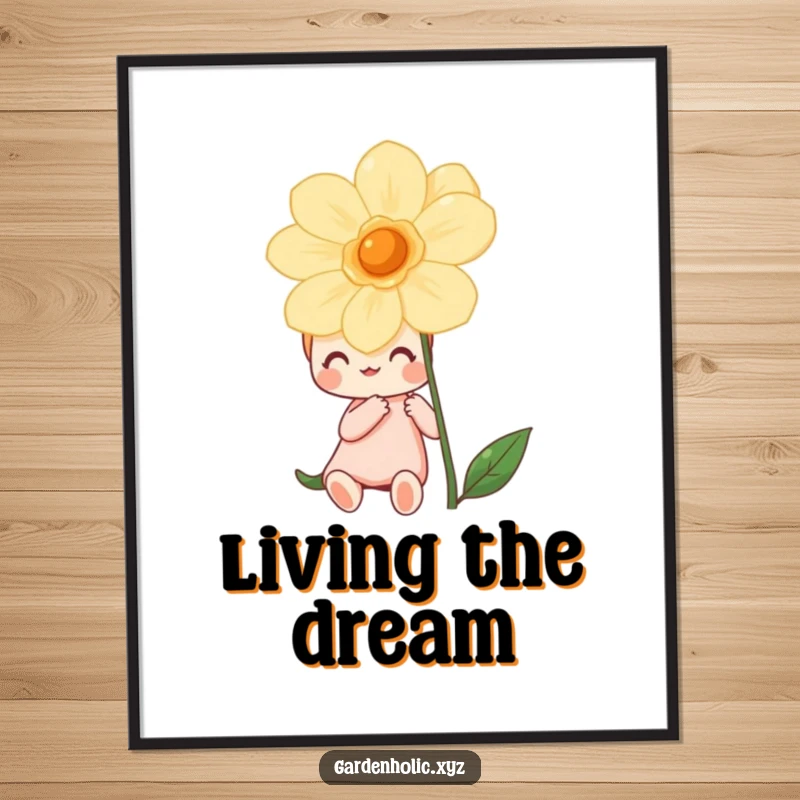 Funny digital art print of a happy character admiring a vibrant, blooming flower, capturing a moment of serene nature appreciation.