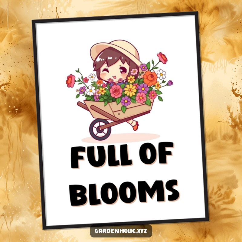 Funny digital art print of a character with a playful swagger carrying a wheelbarrow full of vibrant blooms.