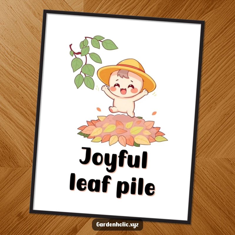 Funny digital art print of a joyful character in a sun hat gleefully bouncing on a large pile of colorful autumn leaves.