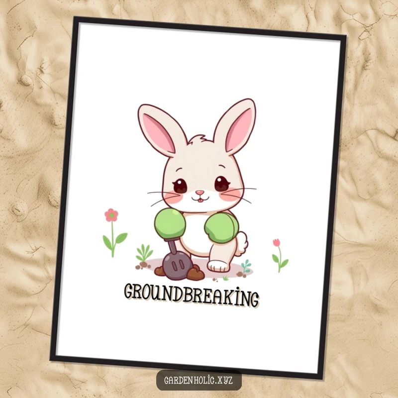 Funny bunny digital art print of a cute bunny in oversized gardening gloves, digging happily, perfect for instant wall decor and a fun gift.