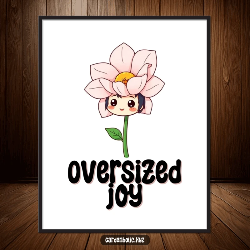 Funny digital art print of a character with a cheerful expression admiring a magnificent, oversized, freshly bloomed flower.