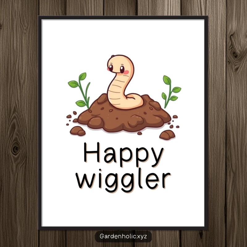 Funny digital art print of a cute worm happily wiggling through soil, ready for instant download and display.