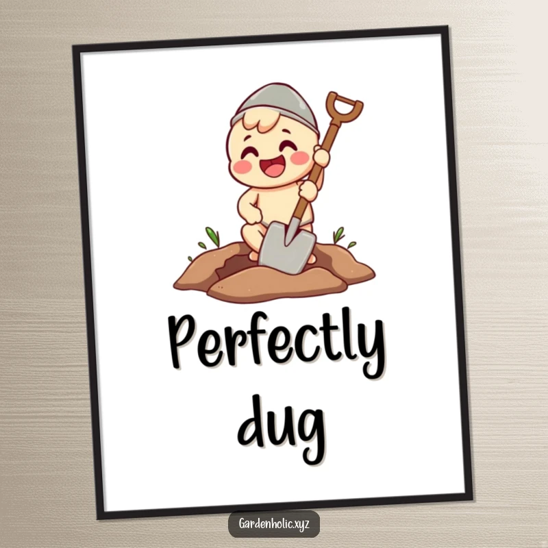 Funny digital art print of a beaming character enthusiastically digging a perfect hole with a spade, ideal for hobbyist spaces.
