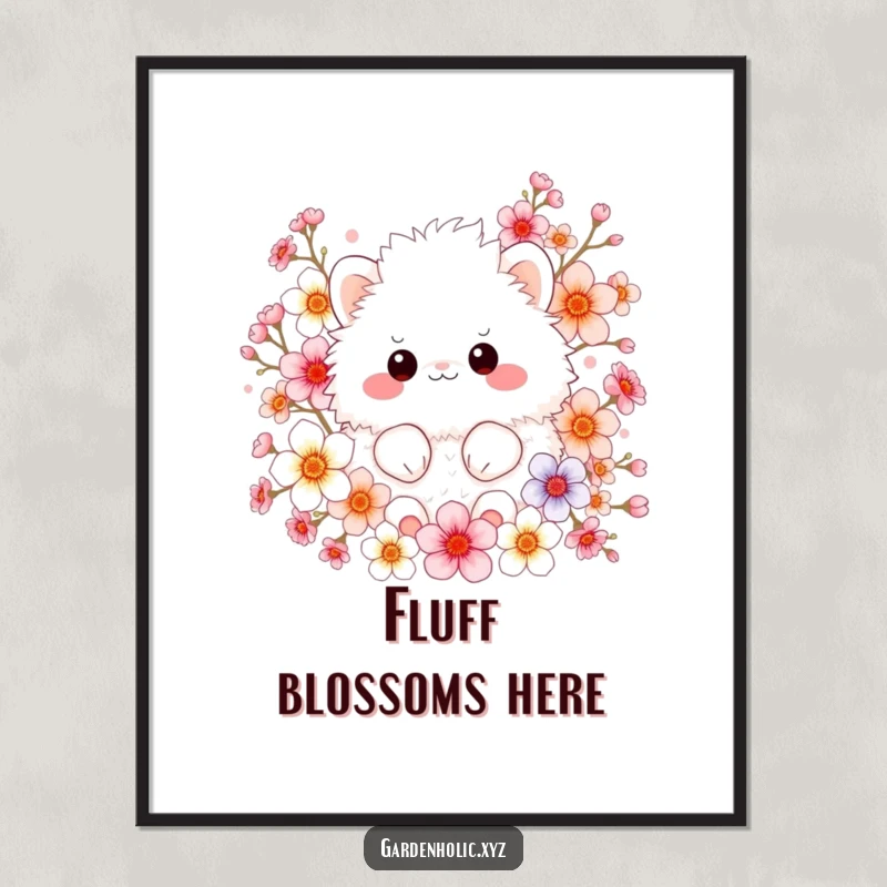 Funny digital art print of a fluffy creature surrounded by colorful blossoms, capturing a scene of pure joy and natural beauty.