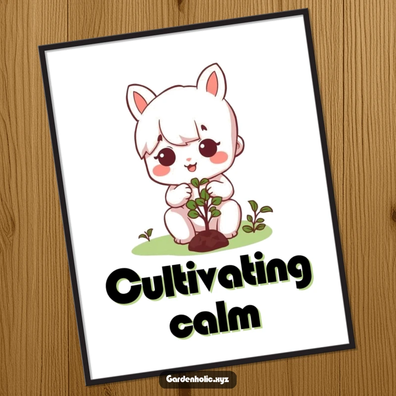 Funny digital art print of a character with a happy, focused expression, meticulously pruning a small, perfect bush, celebrating gardening.