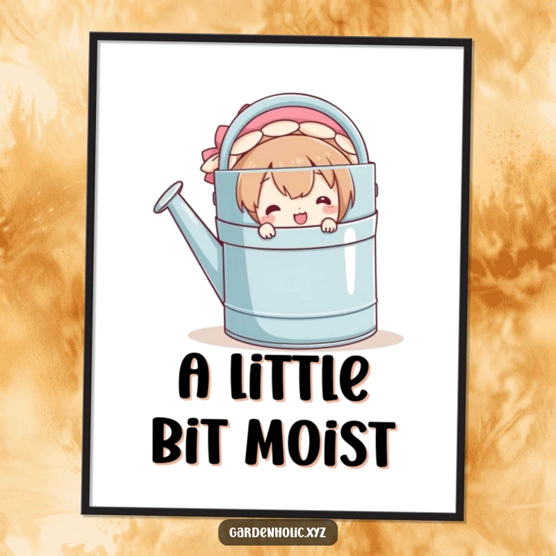 Funny digital art print of a smiling character playfully peeking from behind a large watering can, embodying mischief and charm.