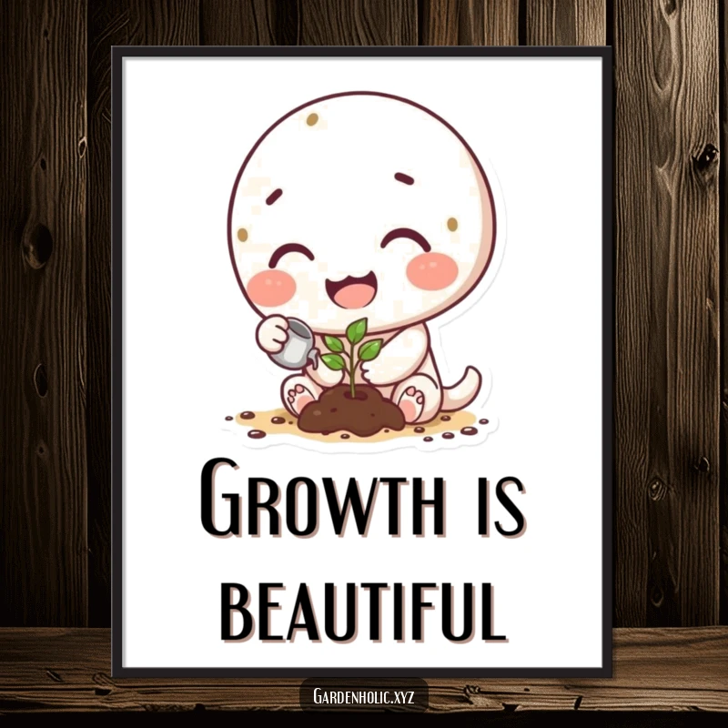 Funny digital art print of a happy character with dirt smudges watering a tiny, vibrant sprout with care.