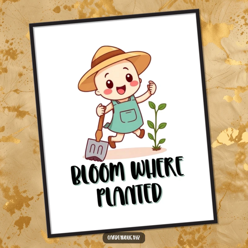 Funny digital art print of a happy gardening hoe performing a cheerful hop, ideal for quirky digital decor and instant smiles.