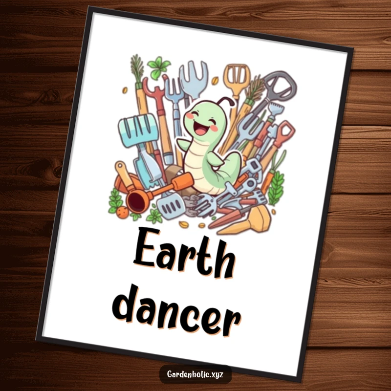 Funny digital art print of a giggling worm joyfully swimming through a pile of gardening tools, celebrating garden fun.
