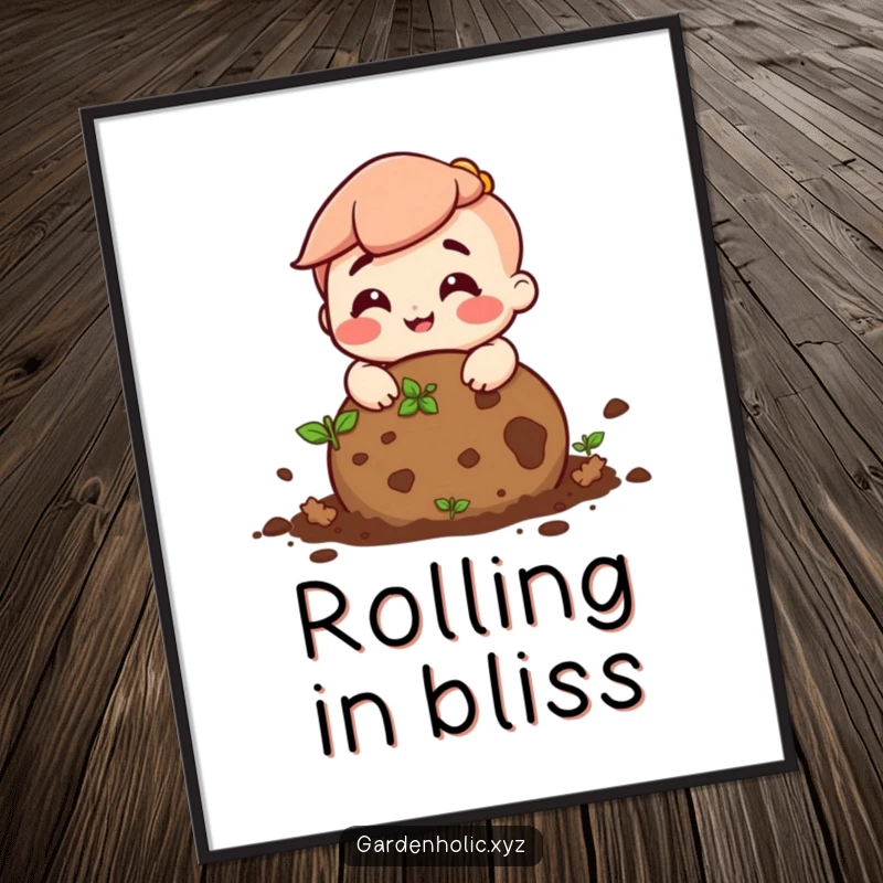 Funny digital art print of a character with a wide grin rolling a ball of soil, capturing gardening joy.