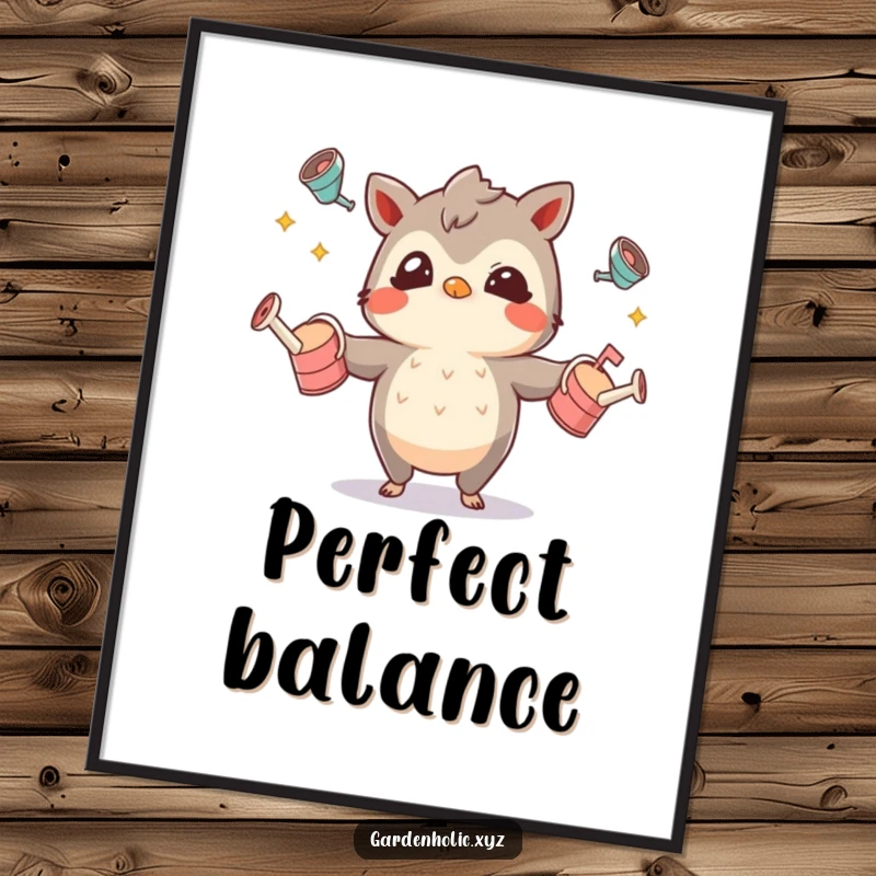 Funny digital art print of a mischievous character juggling small watering cans, ideal for instant, whimsical wall decor.