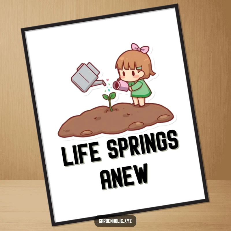 Funny digital art print of a small character watering a tiny sprout, perfect for printable wall art and plant-themed decor.