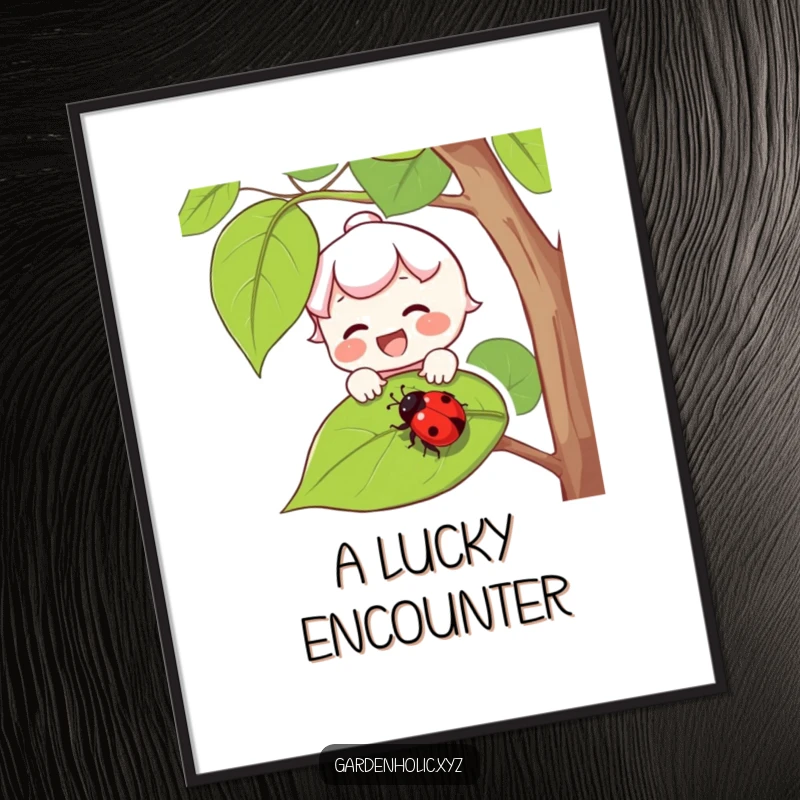 Funny digital art print of a joyful character with rosy cheeks catching a falling ladybug on a leaf.