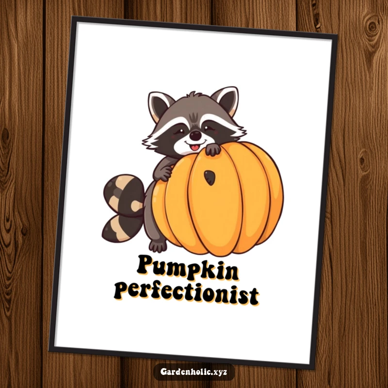 Funny raccoon digital art print of a giggling raccoon trying to balance a huge pumpkin, ideal for humorous and festive autumn decor.