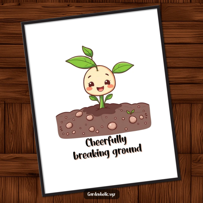 Funny sprout character popping cheerfully out of the ground in a digital art print.