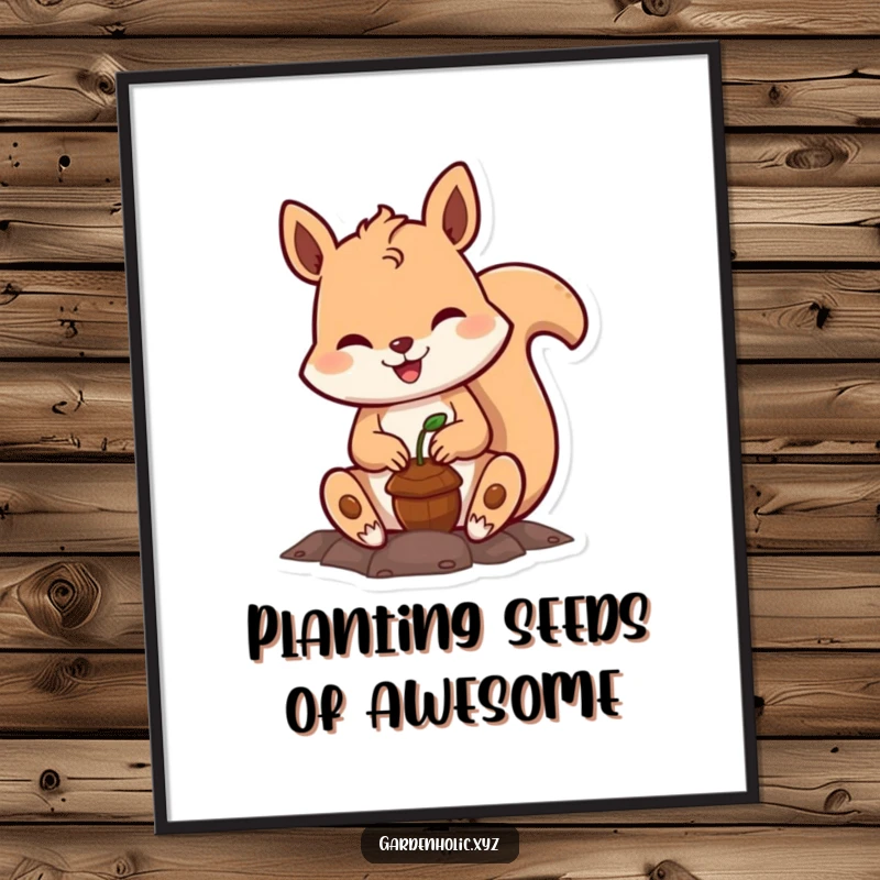 Funny squirrel digital art print, a joyful character planting a small acorn, adding a touch of nature's optimism to any room.