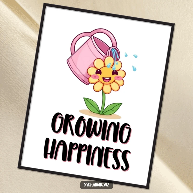 Funny Digital Art Print: A cute watering can showers a smiling flower, ready for instant download and printing.