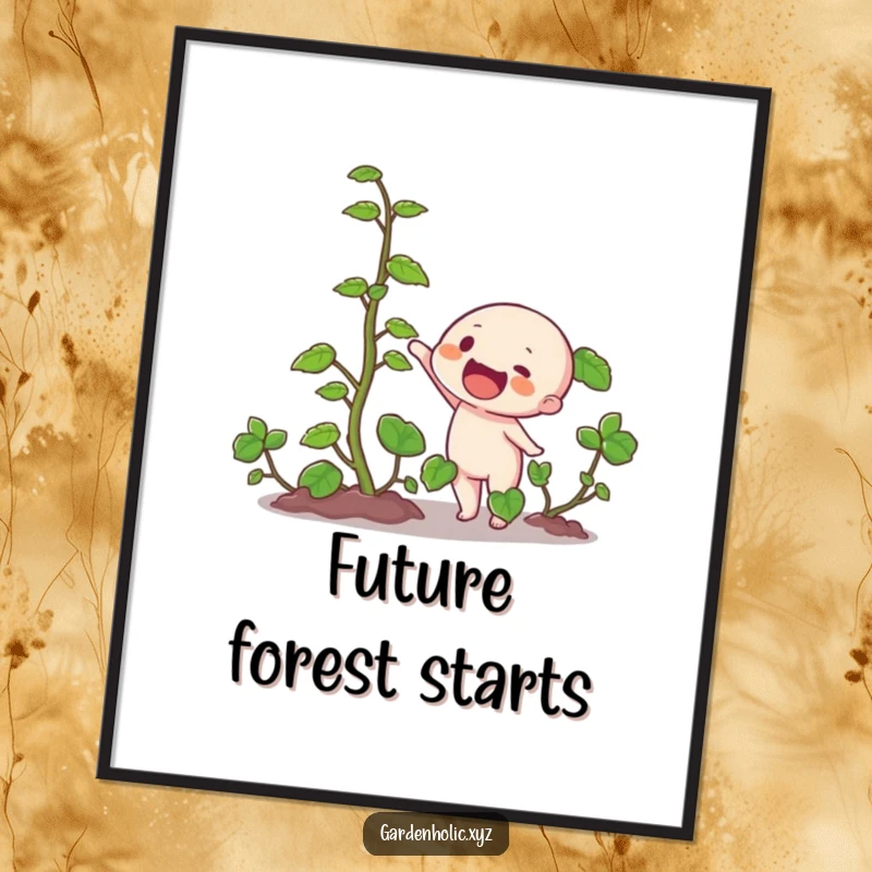 Funny digital art print of a character excitedly pointing at a thick, rapidly growing vine, conveying joy and botanical speed.