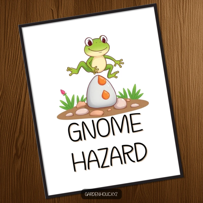 Funny Digital Art Print: A dynamic frog character humorously leaping over a garden gnome, creating a vibrant and amusing visual.