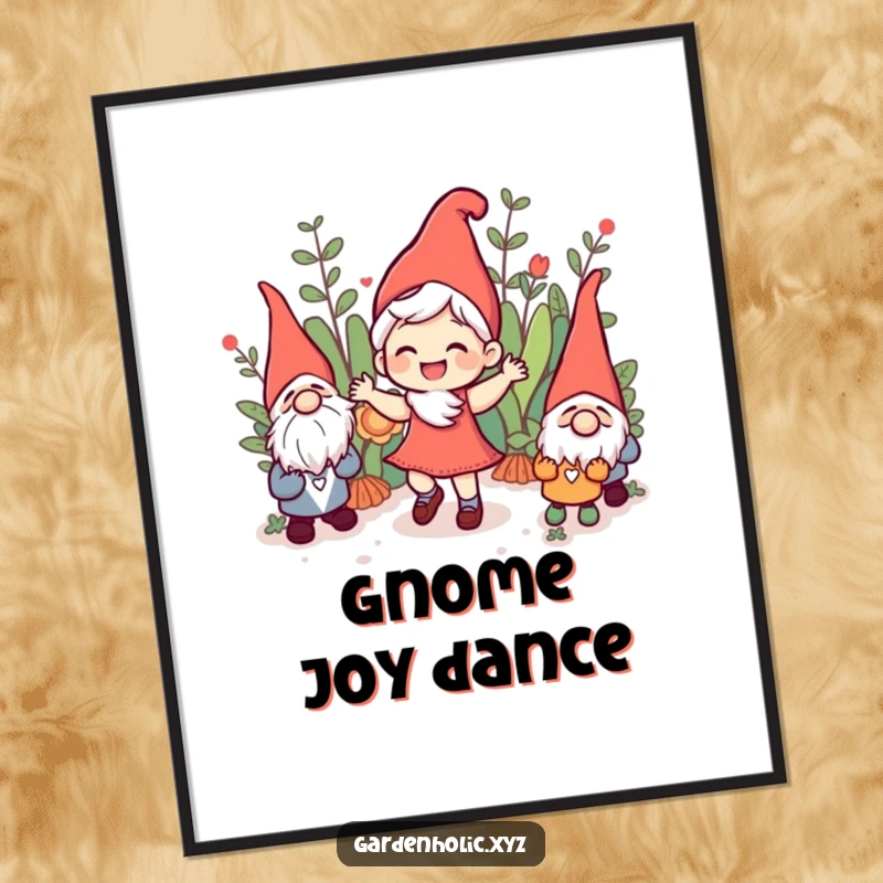 Funny joyful character dancing with garden gnomes, rendered as digital art, adding garden cheer and humorous energy to any room, a downloadable funny gift.