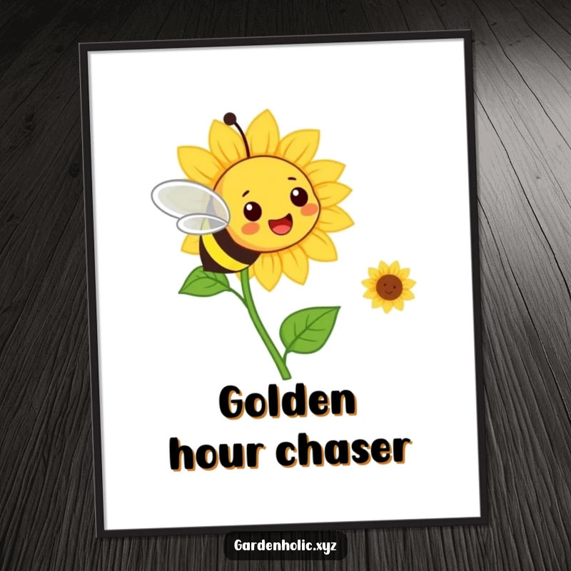 Funny bee flying towards a smiling sunflower, radiating cheer in a digital art print.