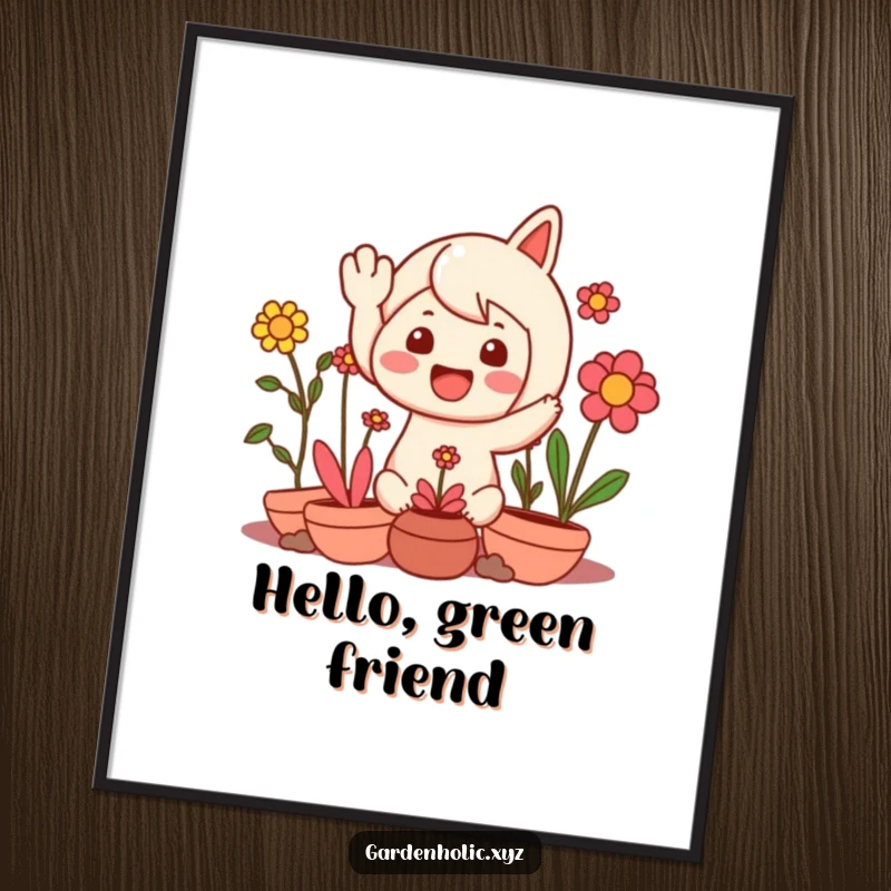 Funny digital art print of a character waving with delight, surrounded by vibrant, happy plants, celebrating nature and cheerfulness.